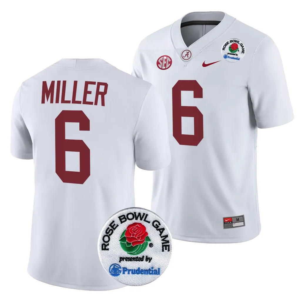 Men's Alabama Crimson Tide Jam Miller #6 White 2024 Rose Bowl Playoff NCAA College Football Jersey